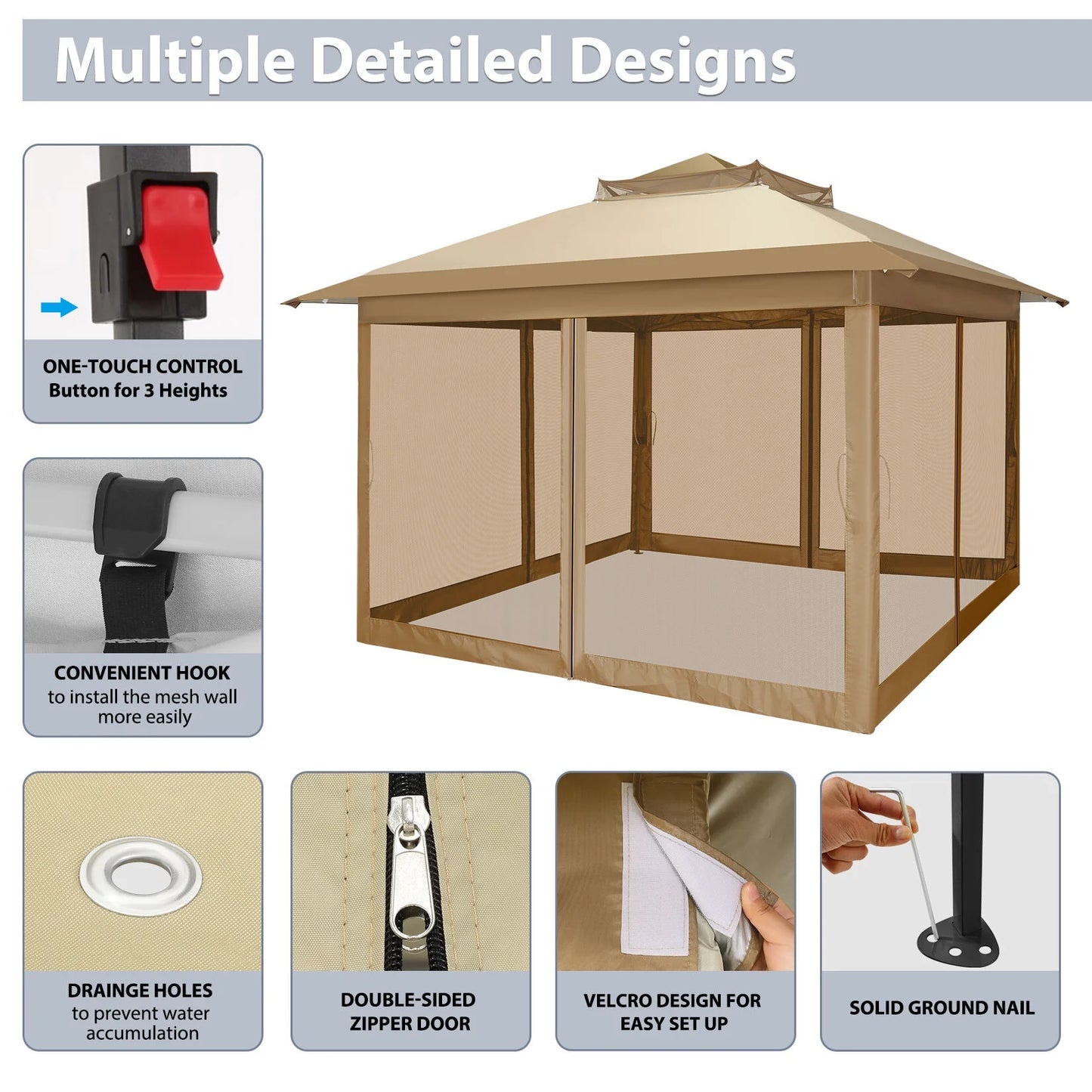 COBIZI 11x11 Pop up Gazebo Outdoor Canopy Gazebo Patio Gazebo with Mosquito Netting Canopy Shelter with 121 Square feet of Shade for Poolside, Garden, Party and Backyard, Khaki