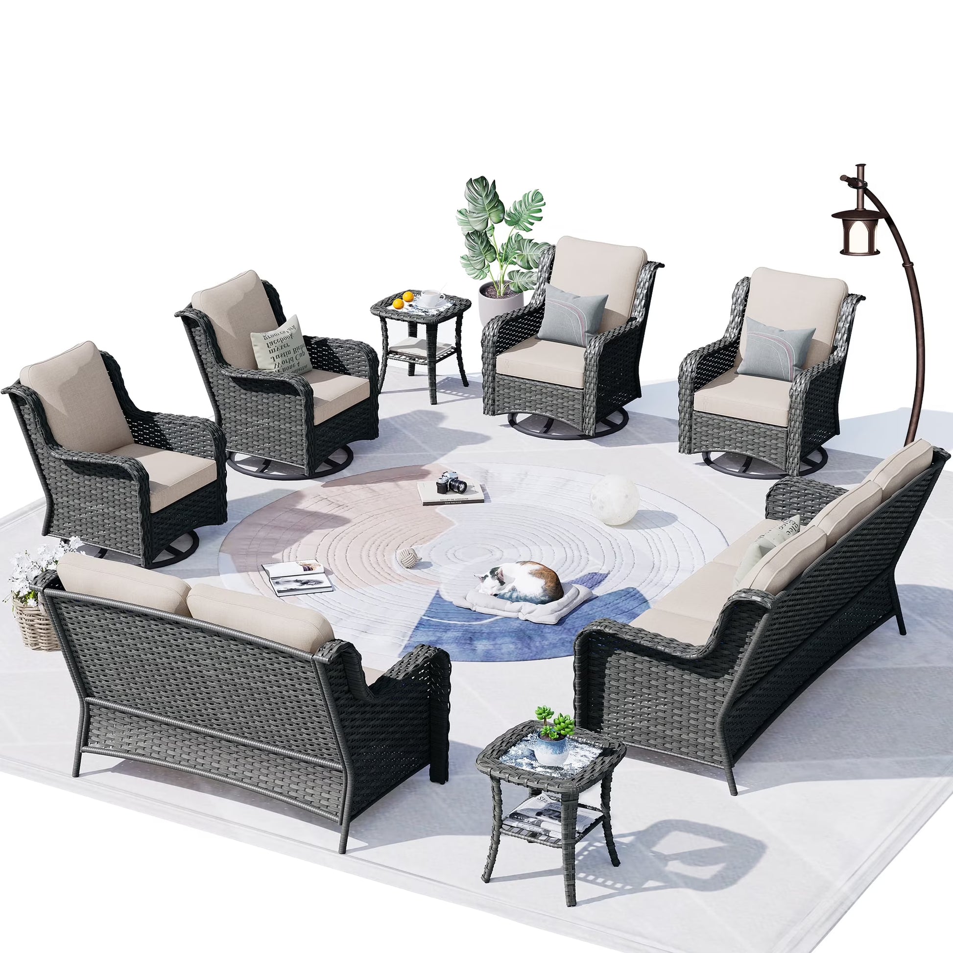 Ovios 8-Piece Wicker Outdoor Sectional Patio Set with Swivel Chairs and Loveseat, Gray