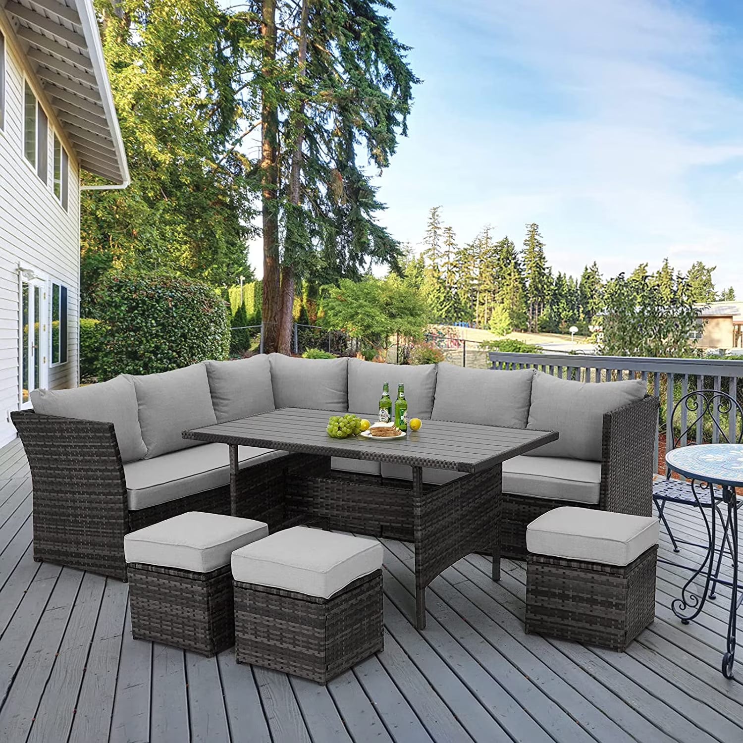 AECOJOY 7 Piece Patio Furniture Set PE Rattan Outdoor Dining Set Sectional Sofa Couch with Table Patio Conversation Set in Gray