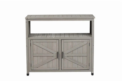 Outdoor Storage Cabinet, Patio Bar Table with Two Doors and Shelves, Wooden Patio Bar Table Set with Storage, Buffet Cabinet Sideboard for Outdoor and Indoor, Gray