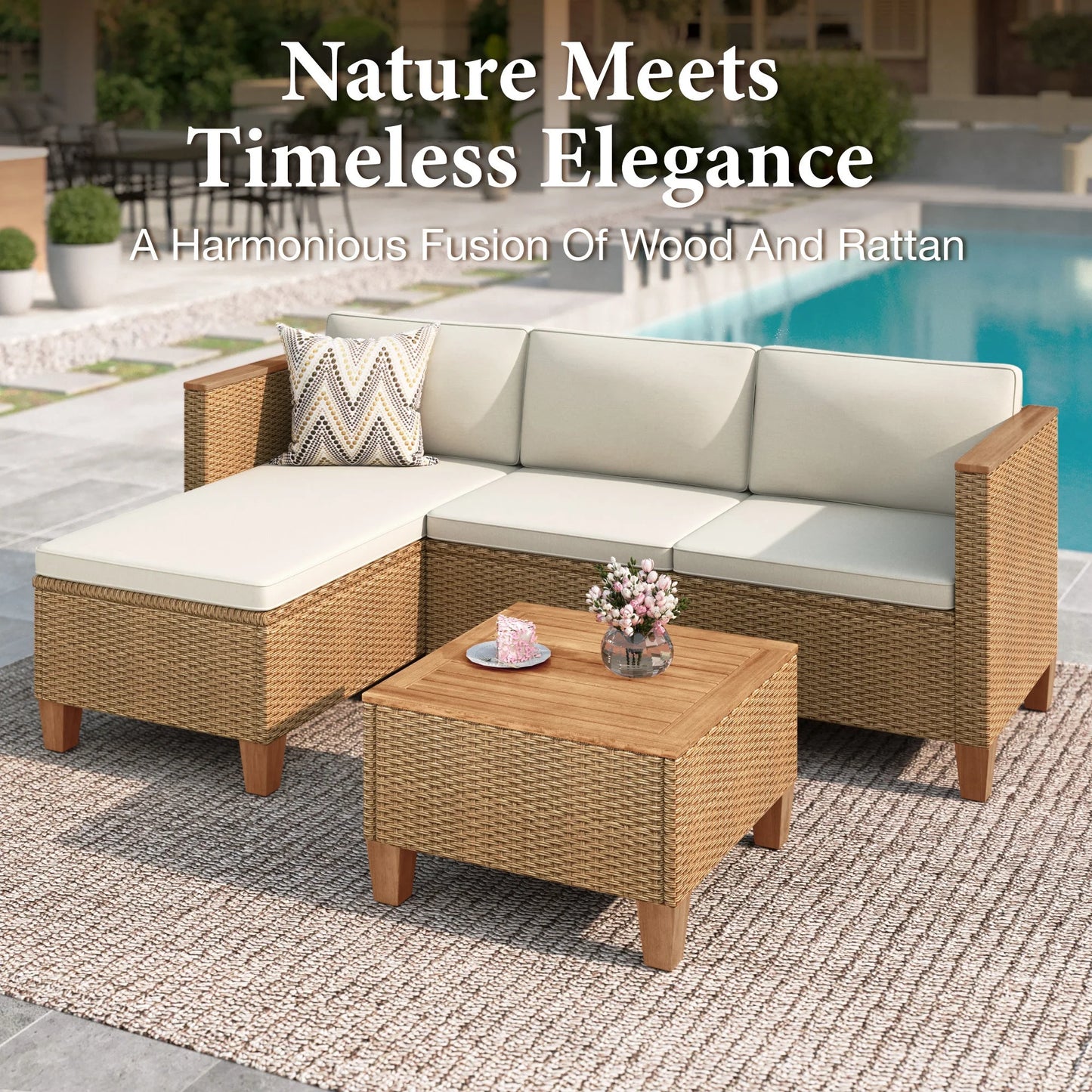 MF Studio 3-Piece Patio Furniture Conversation Set, All-Weather Wicker Outdoor Sectional Sofa Set with Table & Cushions, Beige