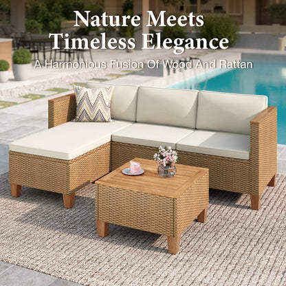 MF Studio 3-Piece Patio Furniture Conversation Set, All-Weather Wicker Outdoor Sectional Sofa Set with Table & Cushions, Beige