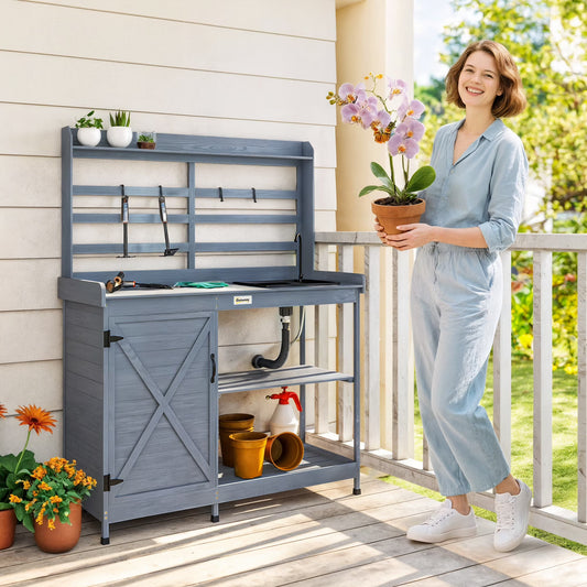 Outsunny Wooden Potting Bench, Outdoor Potting Table with Storage Cabinet, Storage Shelves, Sink, Water Tap for Backyard, Patio, Balcony, Gray