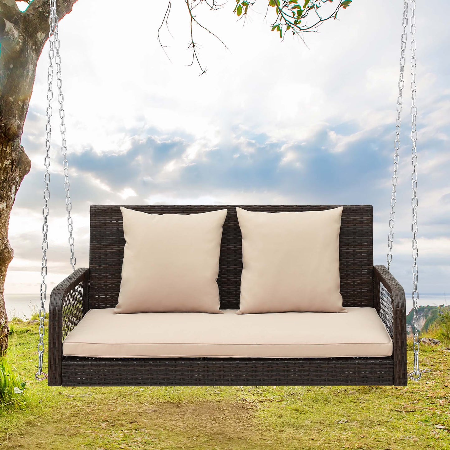 Costway Patio Wicker Porch Swing 2-Person Hanging Loveseat Bench Chair with Cushions Beige