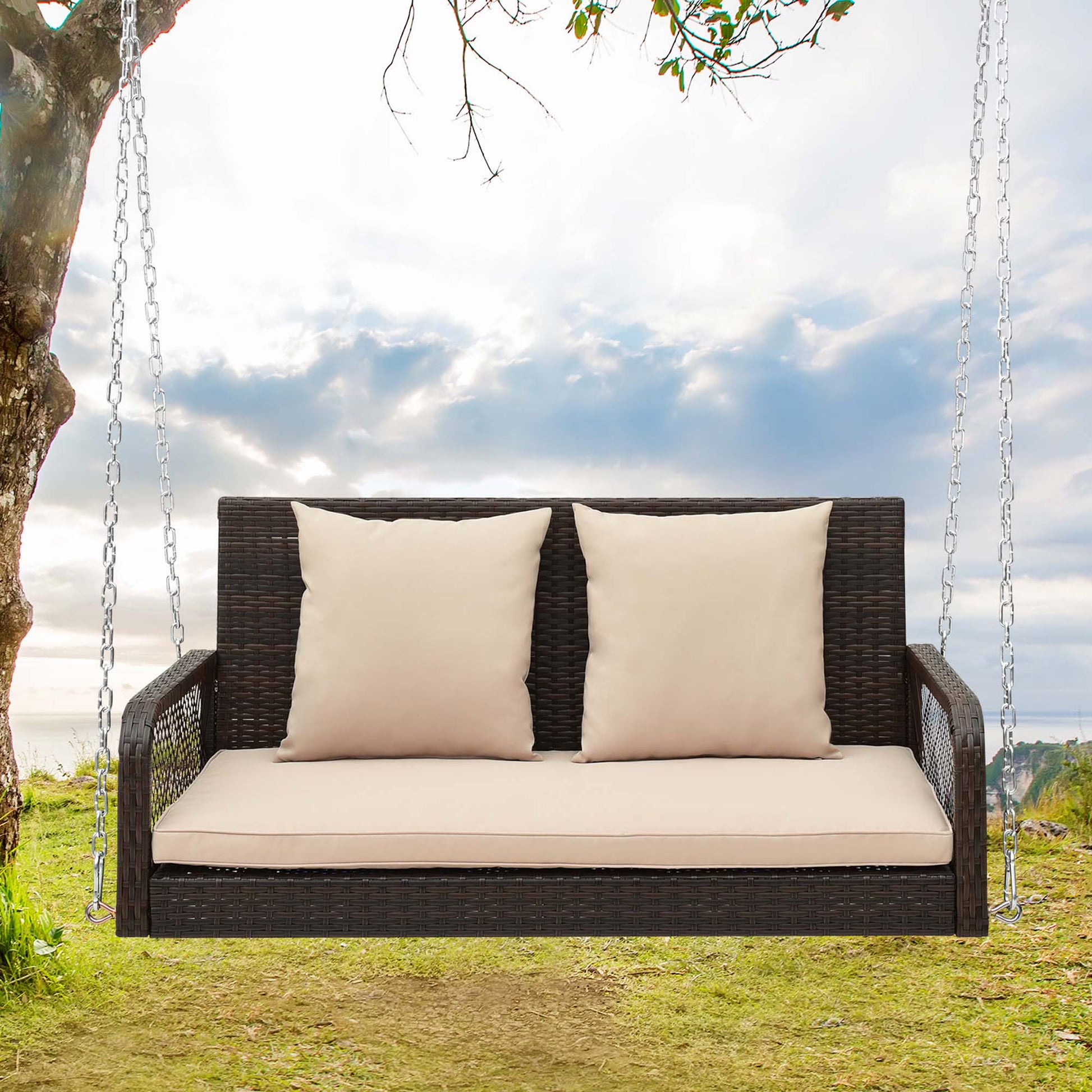 Costway Patio Wicker Porch Swing 2-Person Hanging Loveseat Bench Chair with Cushions Beige