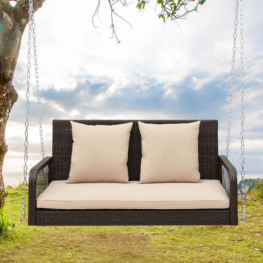 Costway Patio Wicker Porch Swing 2-Person Hanging Loveseat Bench Chair with Cushions Beige