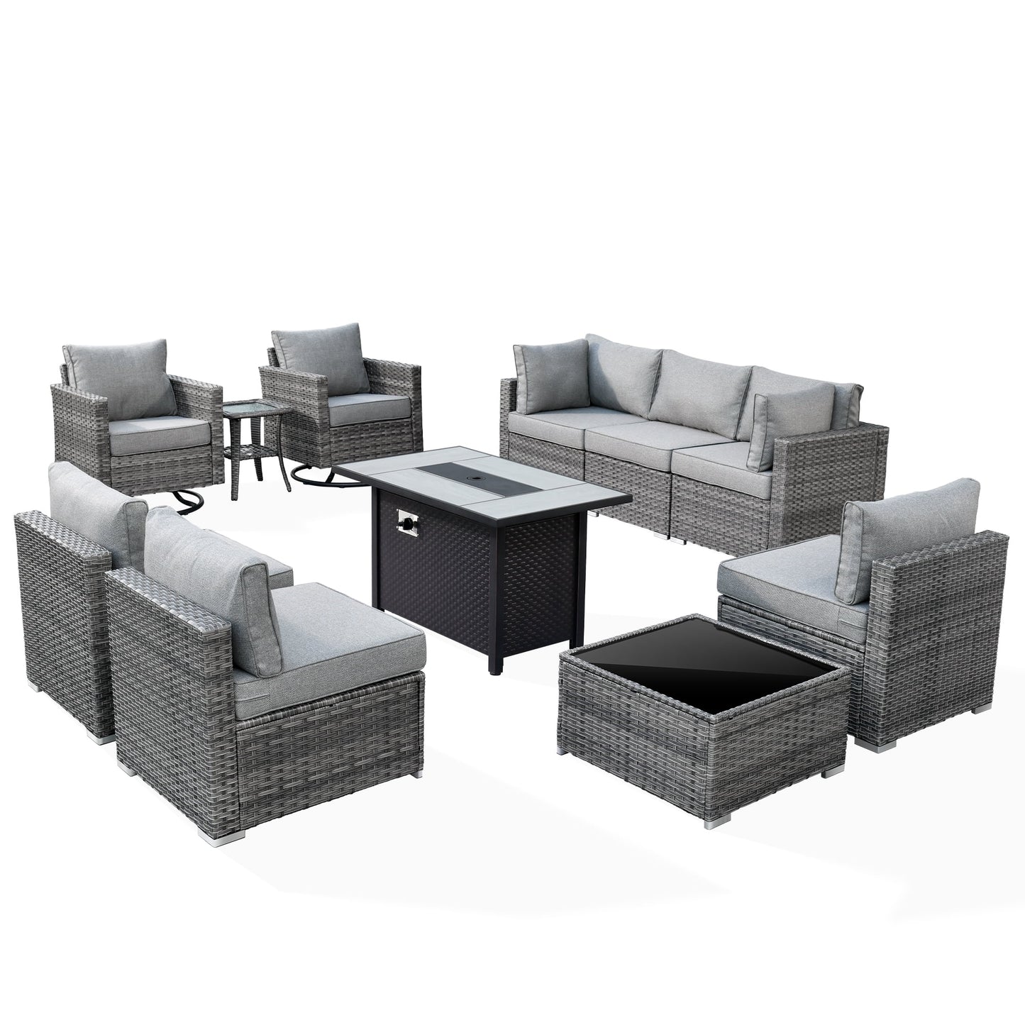 Ovios 11 Pieces Patio Fire Pit Set Outdoor Wicker Sectional Sofa Conversation Set with Swivel Rocking Chairs and Side Table,Dark Gray