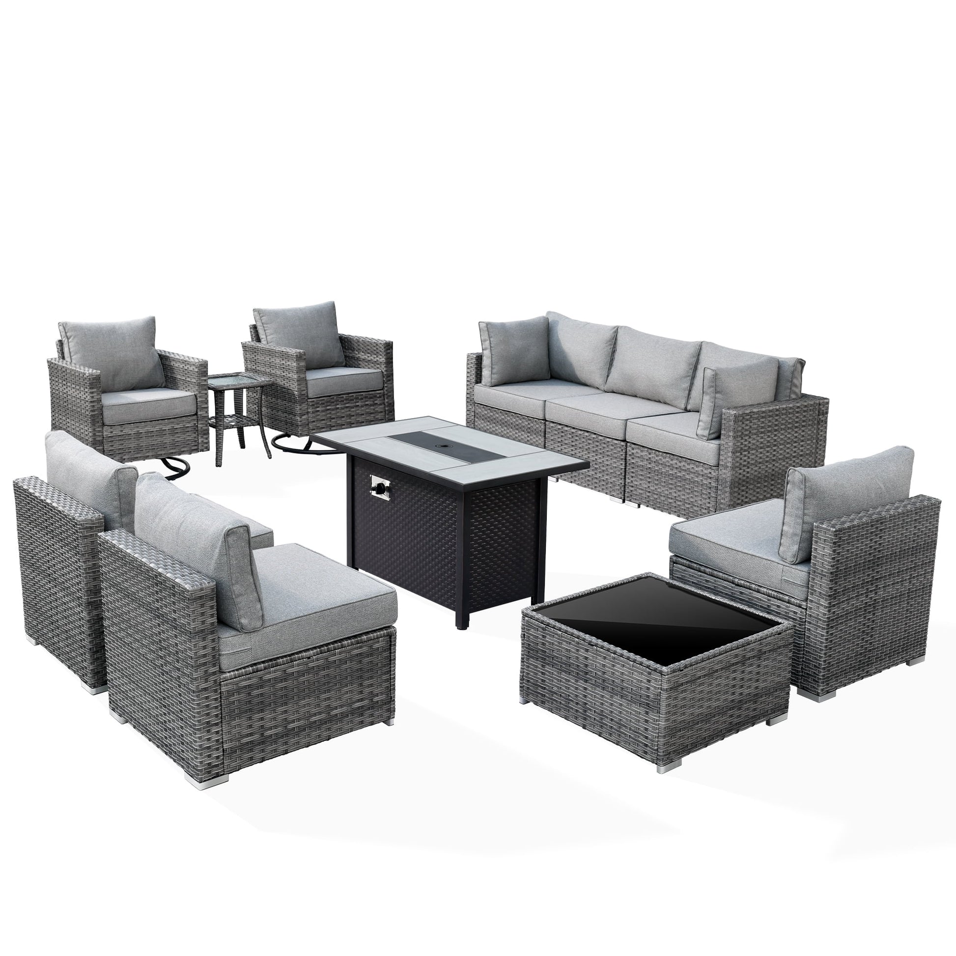 Ovios 11 Pieces Patio Fire Pit Set Outdoor Wicker Sectional Sofa Conversation Set with Swivel Rocking Chairs and Side Table,Dark Gray