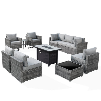 Ovios 11 Pieces Patio Fire Pit Set Outdoor Wicker Sectional Sofa Conversation Set with Swivel Rocking Chairs and Side Table,Dark Gray