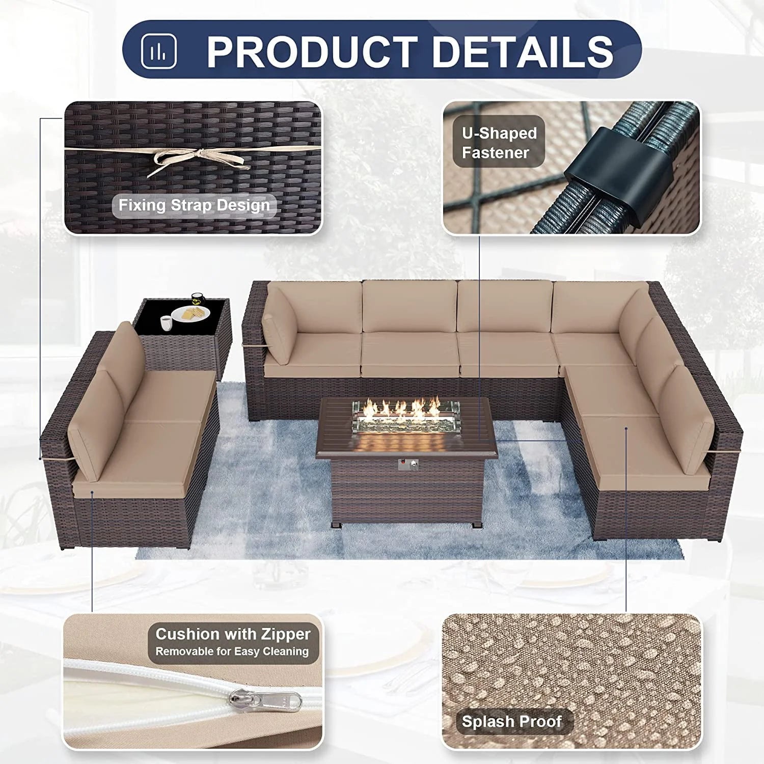 Kullavik Patio Furniture set Sectional Sofa 10 Pieces PE Rattan Wicker Patio Conversation Set w/43" Gas Fire Pit Table, Outdoor Furniture with 55000 BTU Propane Fire Pit,Sand