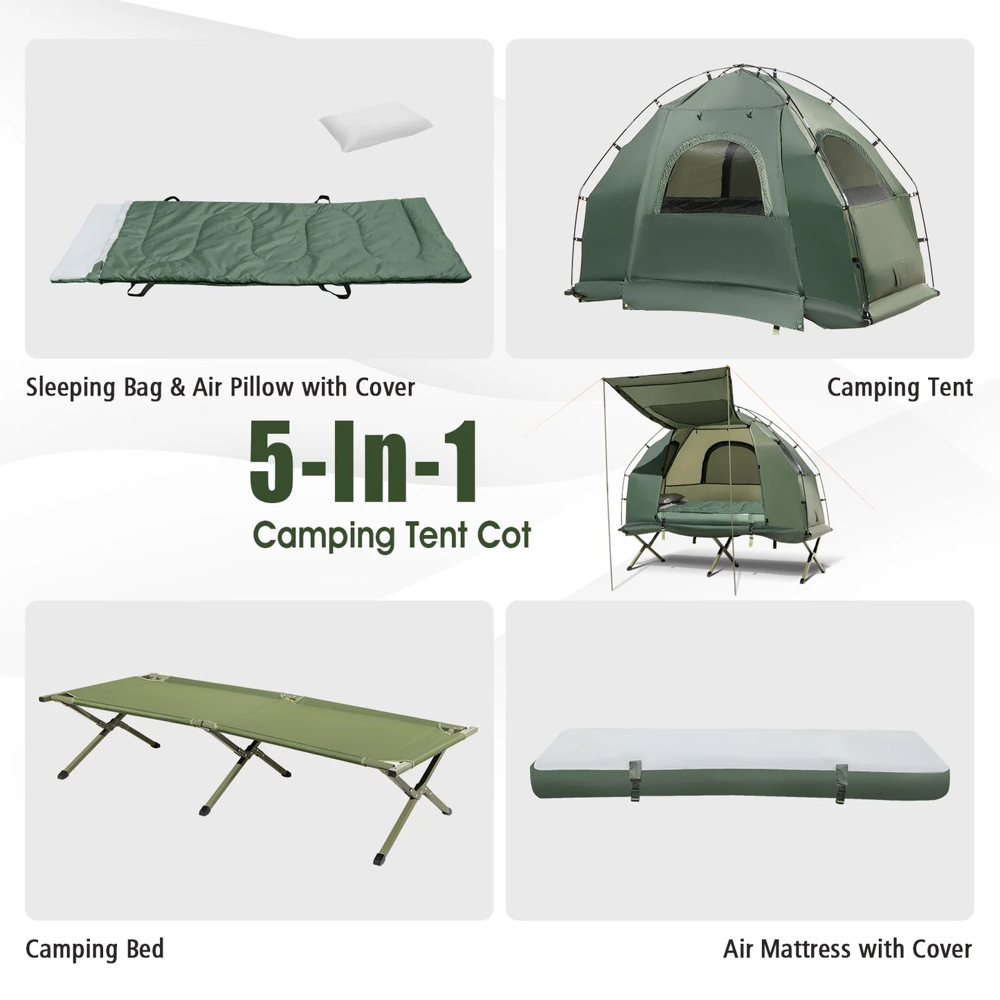Patiojoy 1-Person Folding Camping Tent Cot Portable Pop-Up Tent w/Sleeping Bag & Air Mattress for Outdoor