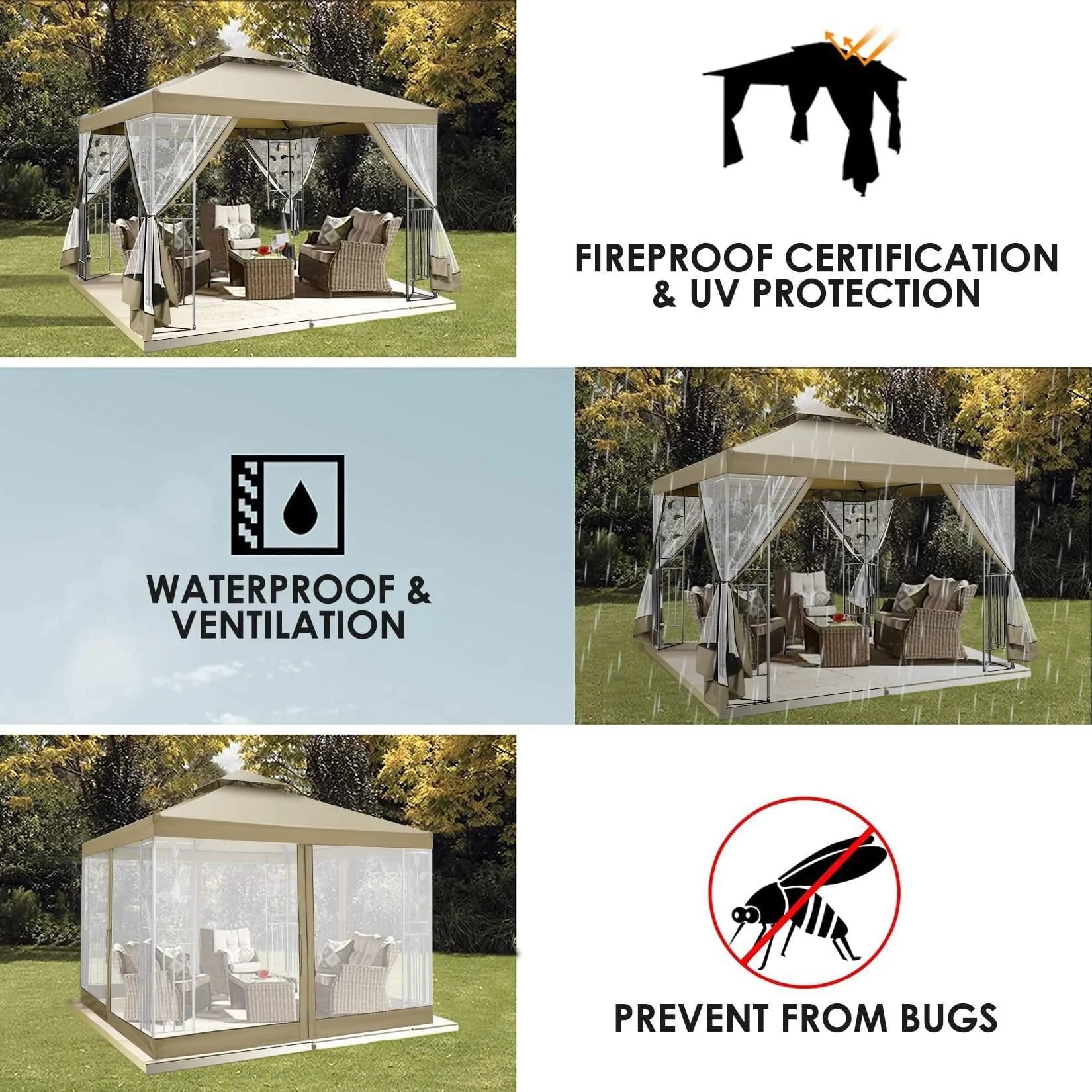 SANOPY 10'x 10' Metal Patio Gazebo, Outdoor Gazebo Canopy Tent for Backyard with Mesh Privacy Curtains, Gazebos Shelter with Display Shelves, Steel Frame, Patio Covers for Shade and Rain