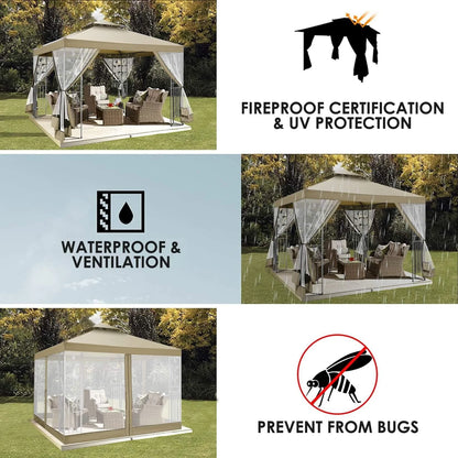 SANOPY 10'x 10' Metal Patio Gazebo, Outdoor Gazebo Canopy Tent for Backyard with Mesh Privacy Curtains, Gazebos Shelter with Display Shelves, Steel Frame, Patio Covers for Shade and Rain