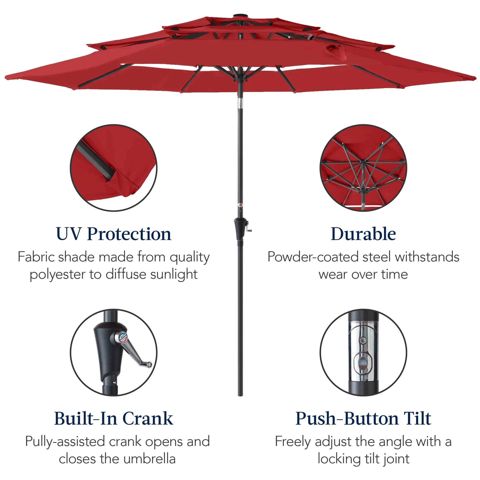 Best Choice Products 10ft 3-Tier Patio Umbrella, Market Sun Shade w/Tilt Adjustment, Easy Crank - Red