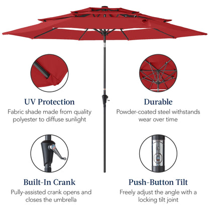 Best Choice Products 10ft 3-Tier Patio Umbrella, Market Sun Shade w/Tilt Adjustment, Easy Crank - Red