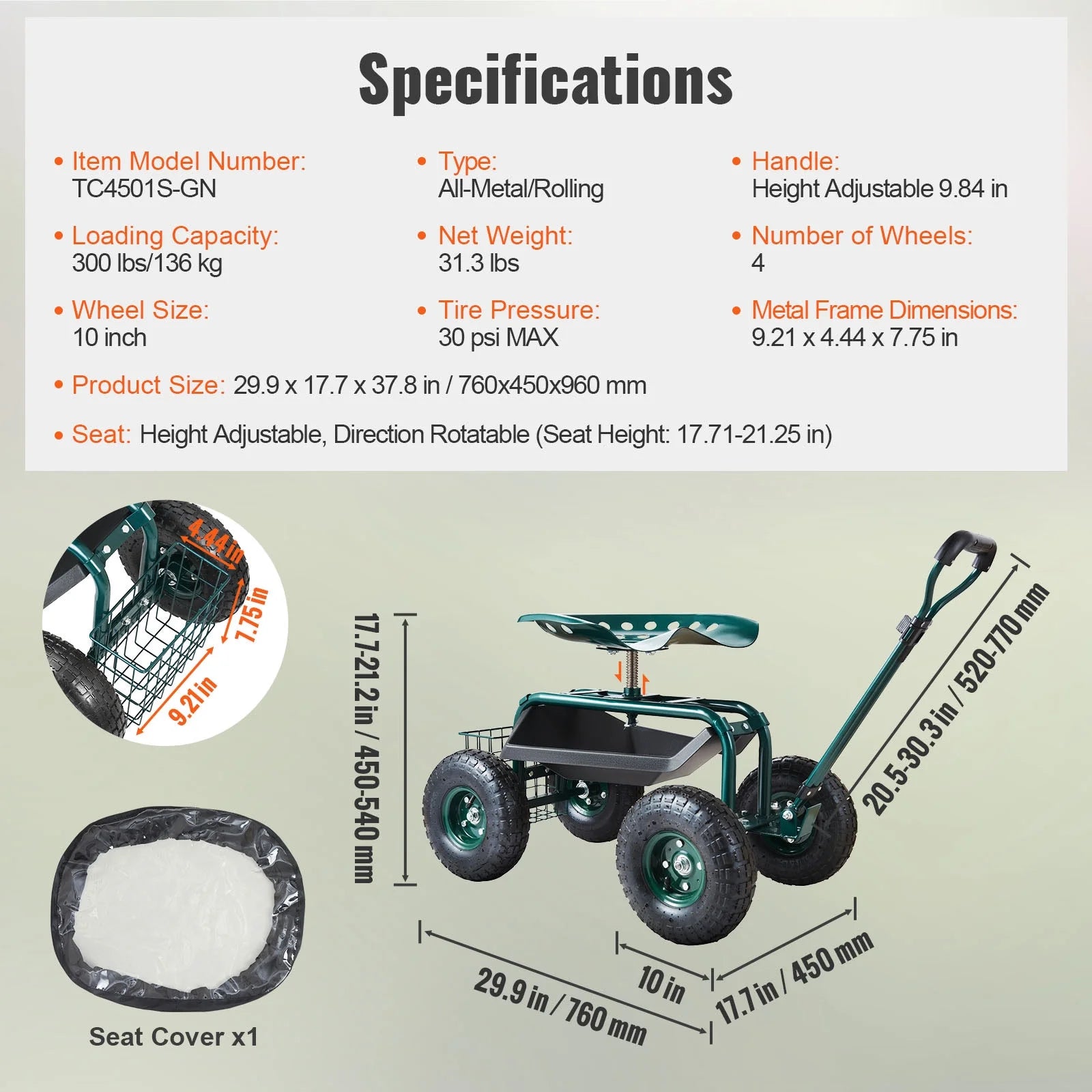KFFKFF Garden Cart Rolling Workseat with Wheels, Gardening Stool for Planting, 360 Degree Swivel Seat, Wagon Scooter with Steering Handle & Utility Tool Tray, Use for Patio, Yard, and Outdoors