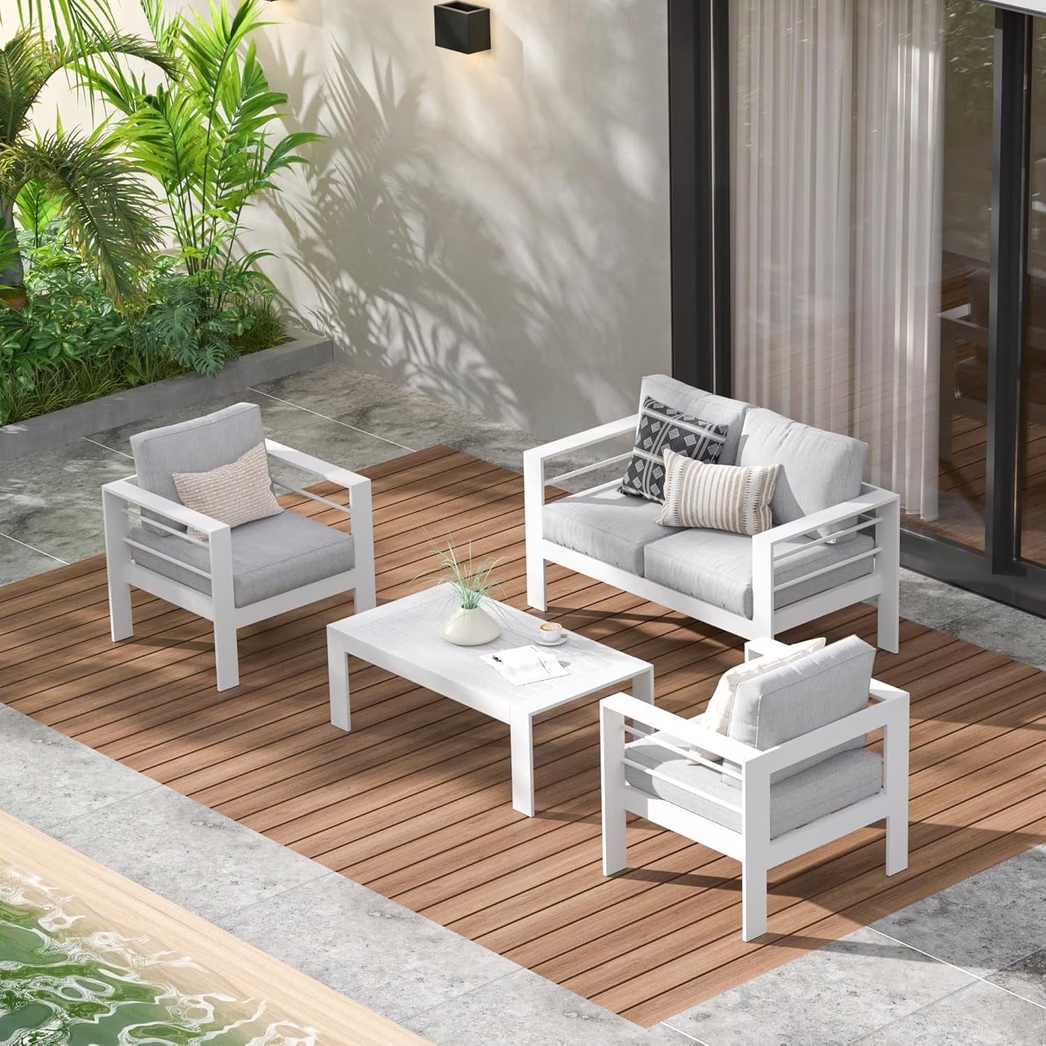 Superjoe Aluminum Outdoor Furniture Set 4 Pcs Patio Conversation Sofa Set with Coffee Table,Gray