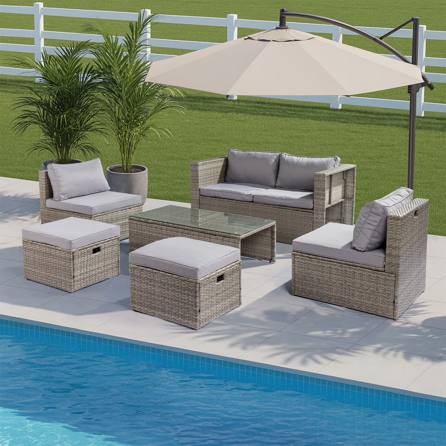 Ktaxon 7-Piece Wicker Patio Furniture Set, Patio Furniture Set with Water Resistant Thick Cushions and Coffee Table, Beige
