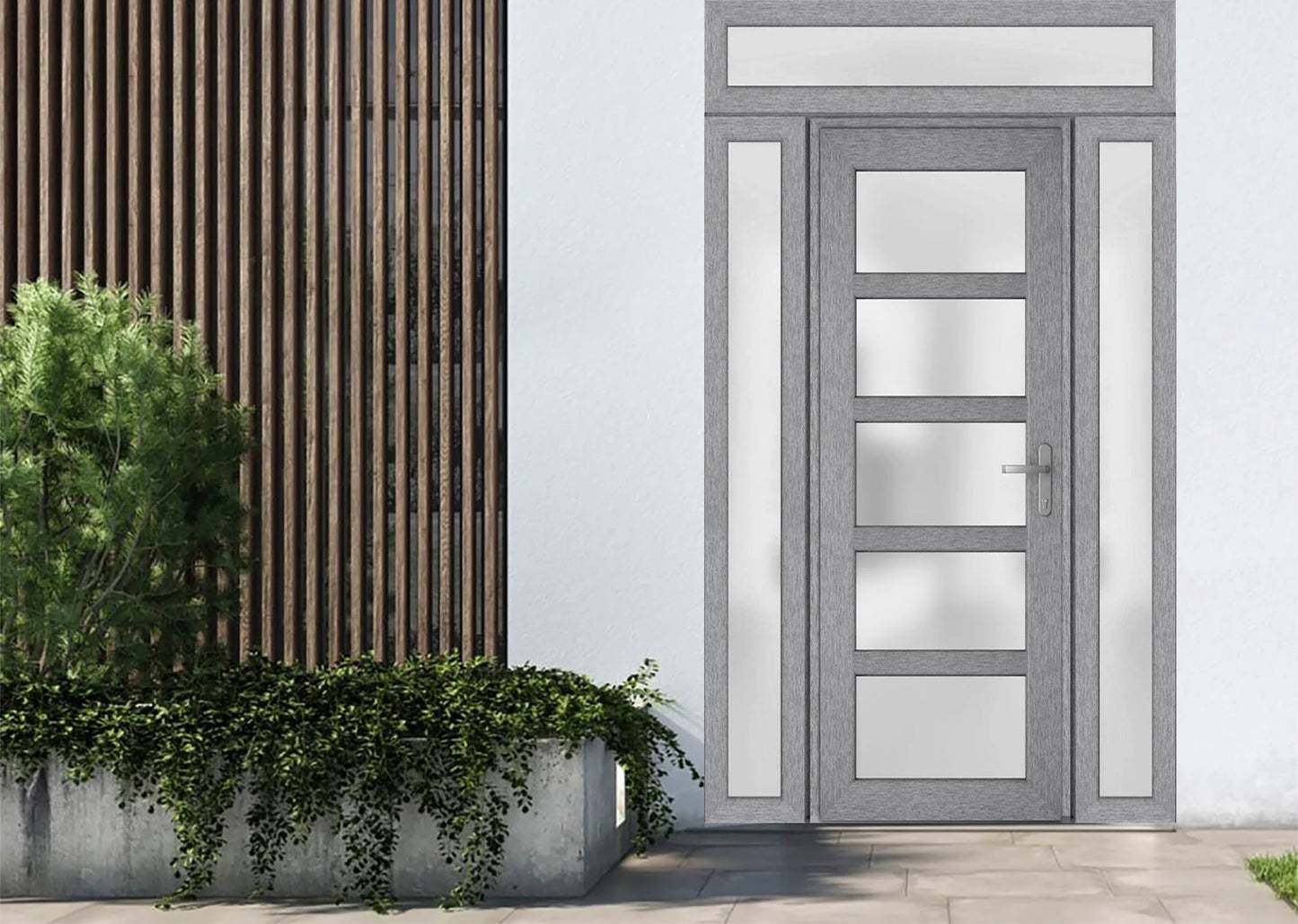 Front Exterior Prehung Metal-Plastic Door Frosted Glass/Manux 8002 Grey Ash/2 Side and Top Window/Office Commercial and Residential Doors Entrance Patio Garage 60" x 94" Left-hand Inswing