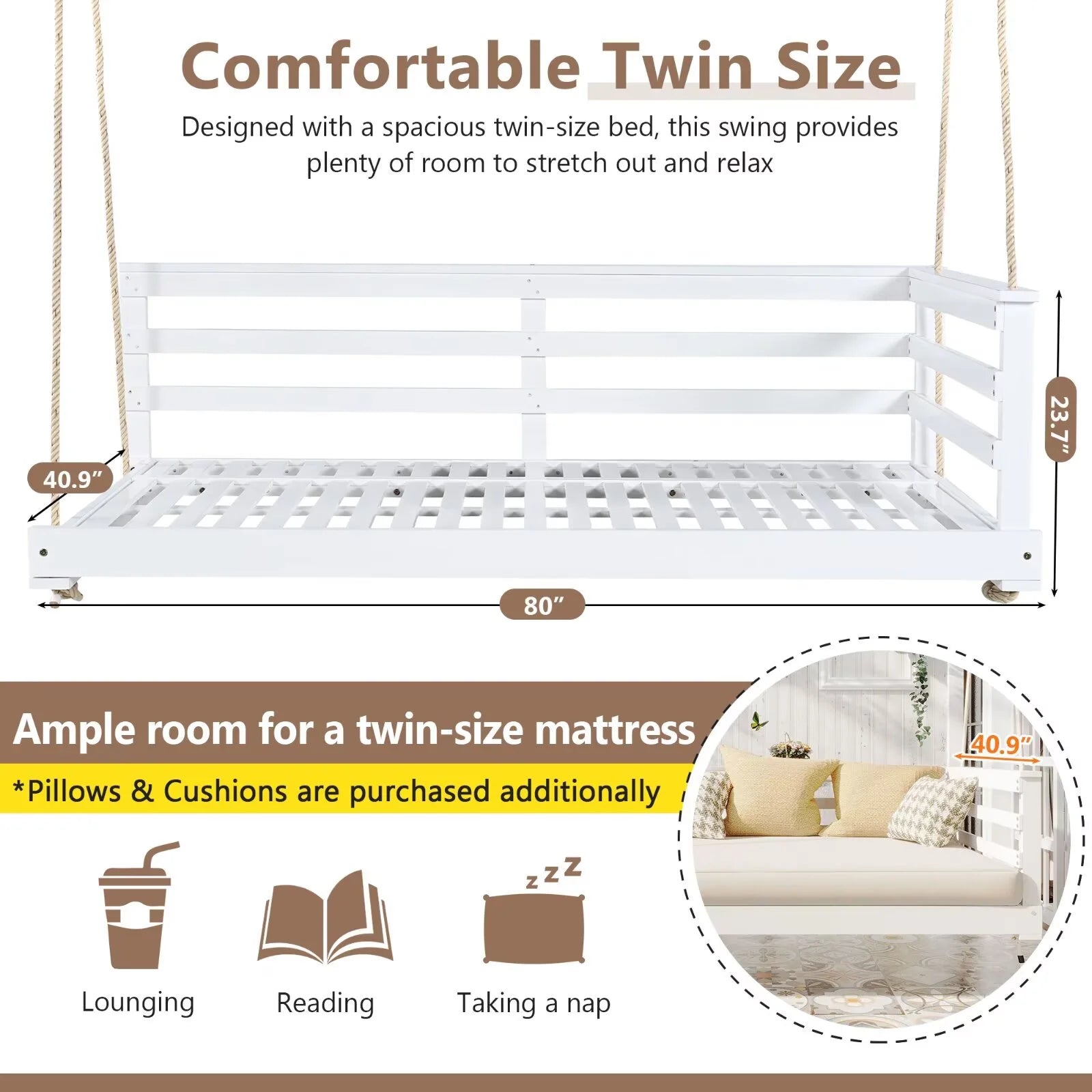 Country Patio Wooden Twin Size Swing Daybed Porch Swing Frame with 4pcs 96-inch Hemp Ropes for Backyard, Garden, White