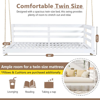 Country Patio Wooden Twin Size Swing Daybed Porch Swing Frame with 4pcs 96-inch Hemp Ropes for Backyard, Garden, White