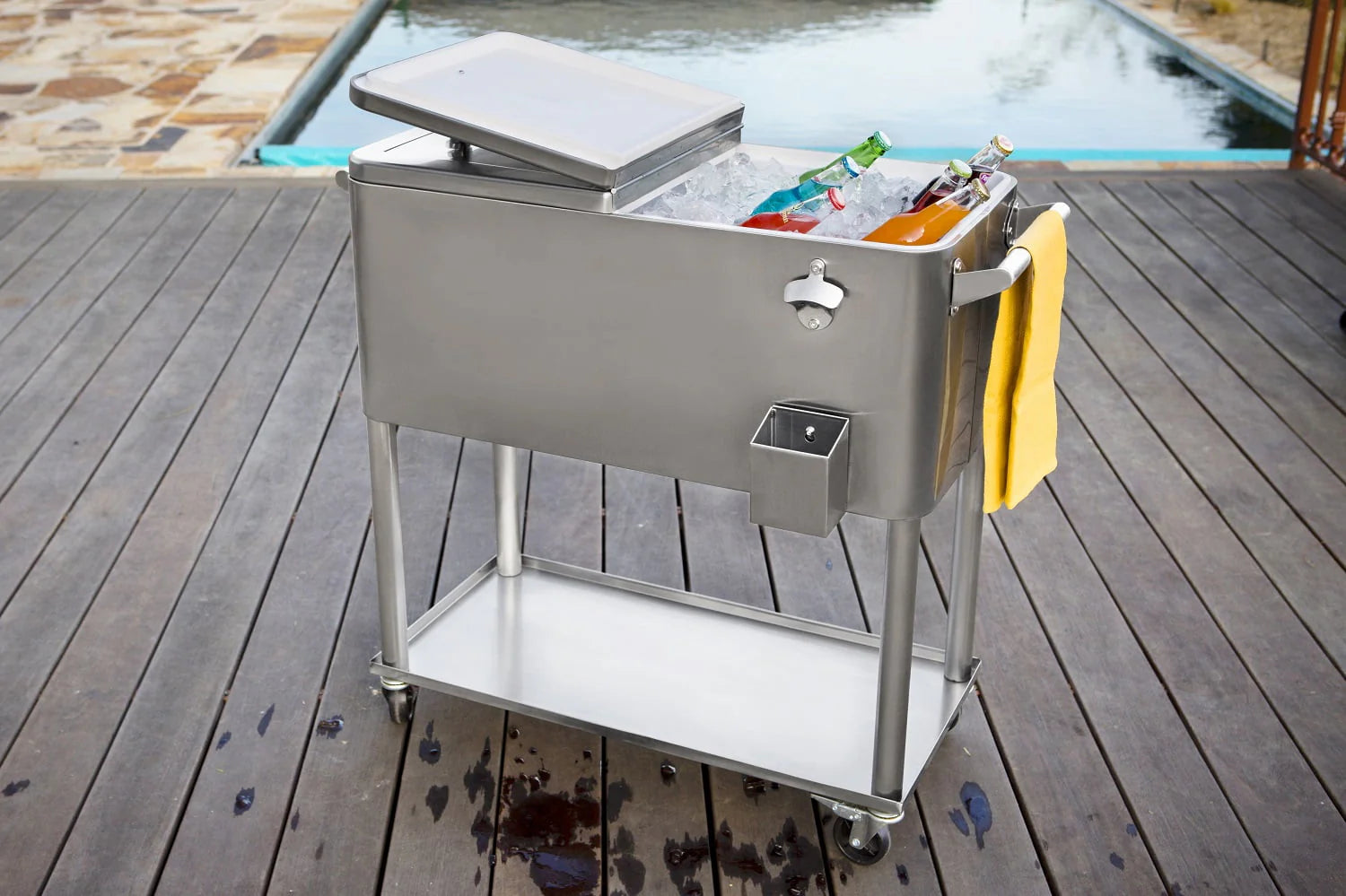 Permasteel PS-206-SS 80 Quart Rolling Patio Cooler with Bottom Tray, Stainless Steel