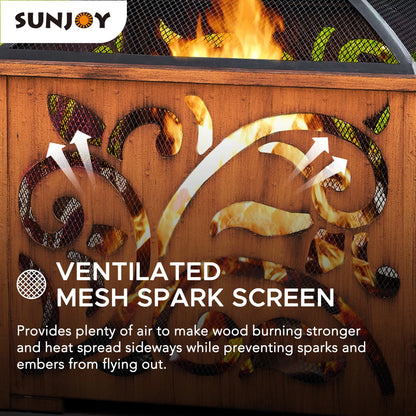 Sunjoy 26 Inch Fire Pit for Outside, Outdoor Wood Burning Firepit with Steel Mesh Spark Screen and Fire Poker, Large Bonfire for Patio and Backyard