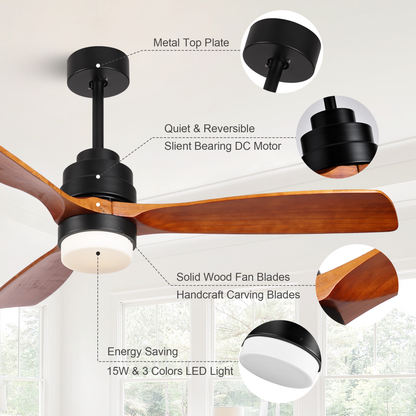 SITERGOFAN 52inch Ceiling Fan with Light,3 Blades Wood Modern Ceiling Fans with Remote Control for Outdoor/Indoor,Kitchen,BedRoom,Dining Room,Patio
