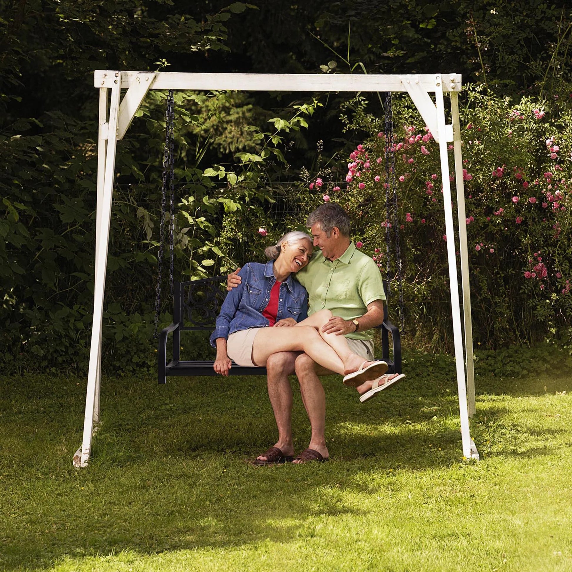 Gymax Patio Hanging Porch Swing 2-Person Outdoor Metal Swing Bench Chair w/Chains Brown