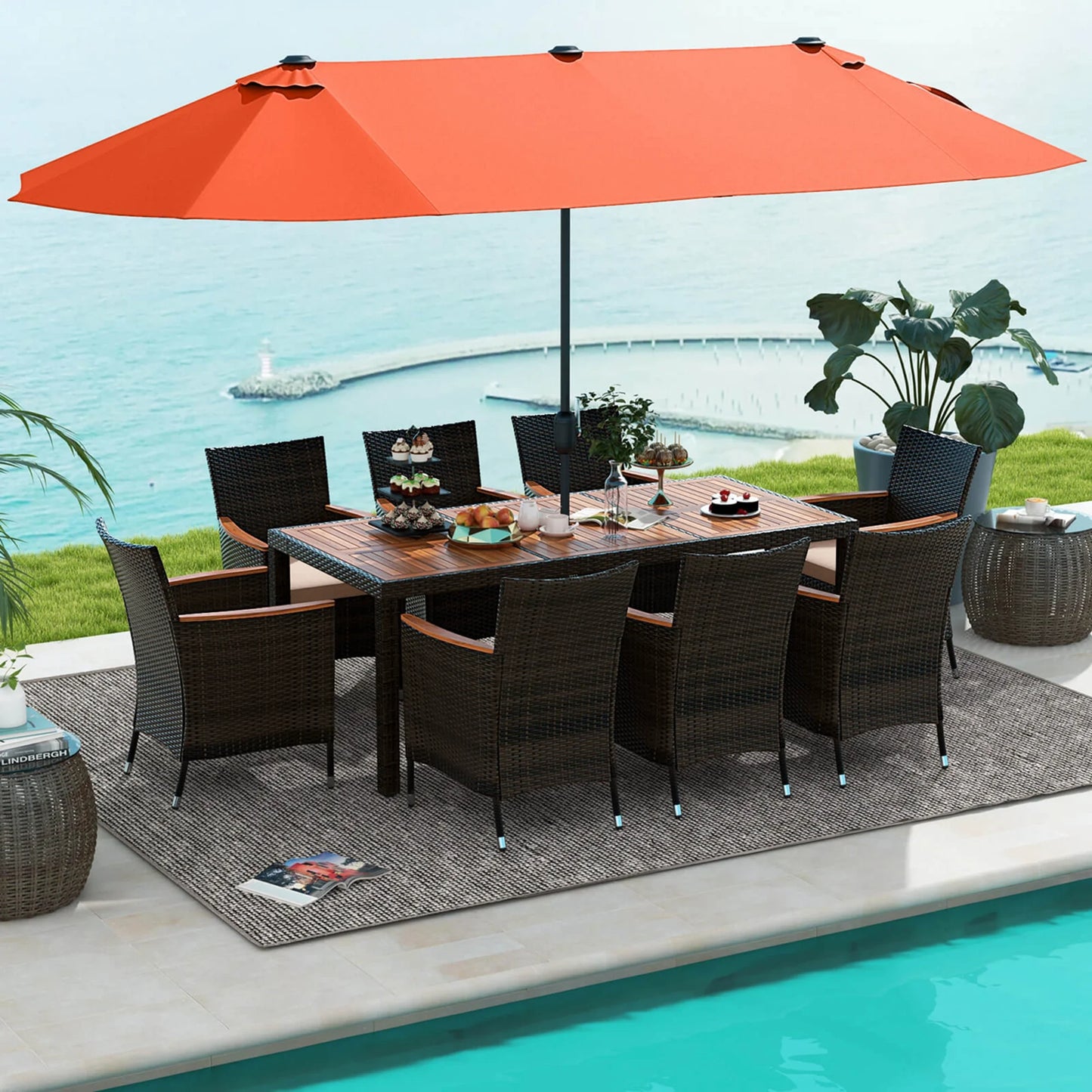Costway 11 PCS Patio Wicker Dining Set with Double-Sided Outdoor Umbrella 8 Chairs Orange