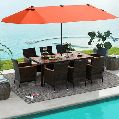 Costway 11 PCS Patio Wicker Dining Set with Double-Sided Outdoor Umbrella 8 Chairs Orange