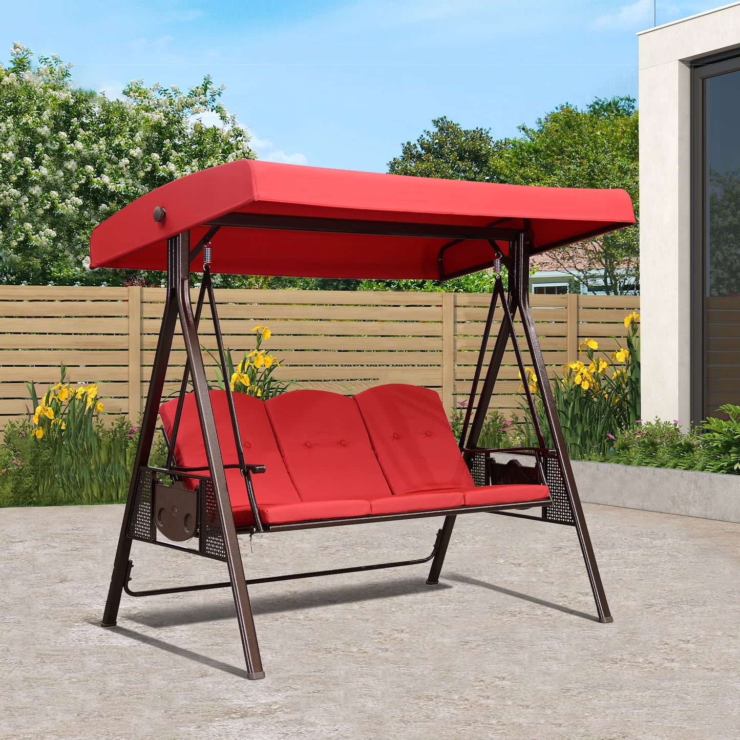 PURPLE LEAF 3-Seat Deluxe Outdoor Patio Porch Swing with Weather Resistant Steel Frame, Adjustable Tilt Canopy, Cushions and Pillow Included, Terra