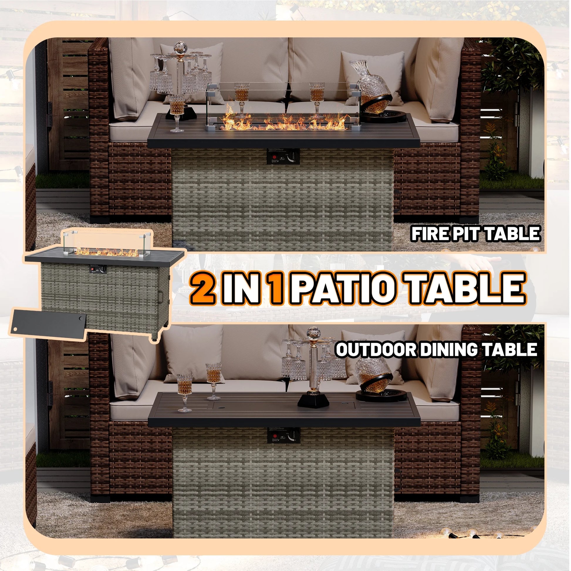 44 Inch Outdoor Wicker Fire Pit Table, 50000 BTU Propane Fire Pits with Glass Wind Guard and Lid, Patio Gas Fire Pit for Outside Patio and Garden(Brown)
