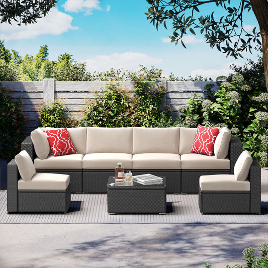 HighSound 7 Piece Patio Furniture Set, Outdoor Wicker Patio Sectional Sofa, All Weather PE Rattan Outdoor Sectional with Cushion & Coffee Table, Khaki