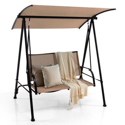 Costway 2-Seat Patio Swing Porch Swing with Adjustable Canopy for Garden Dark Beige