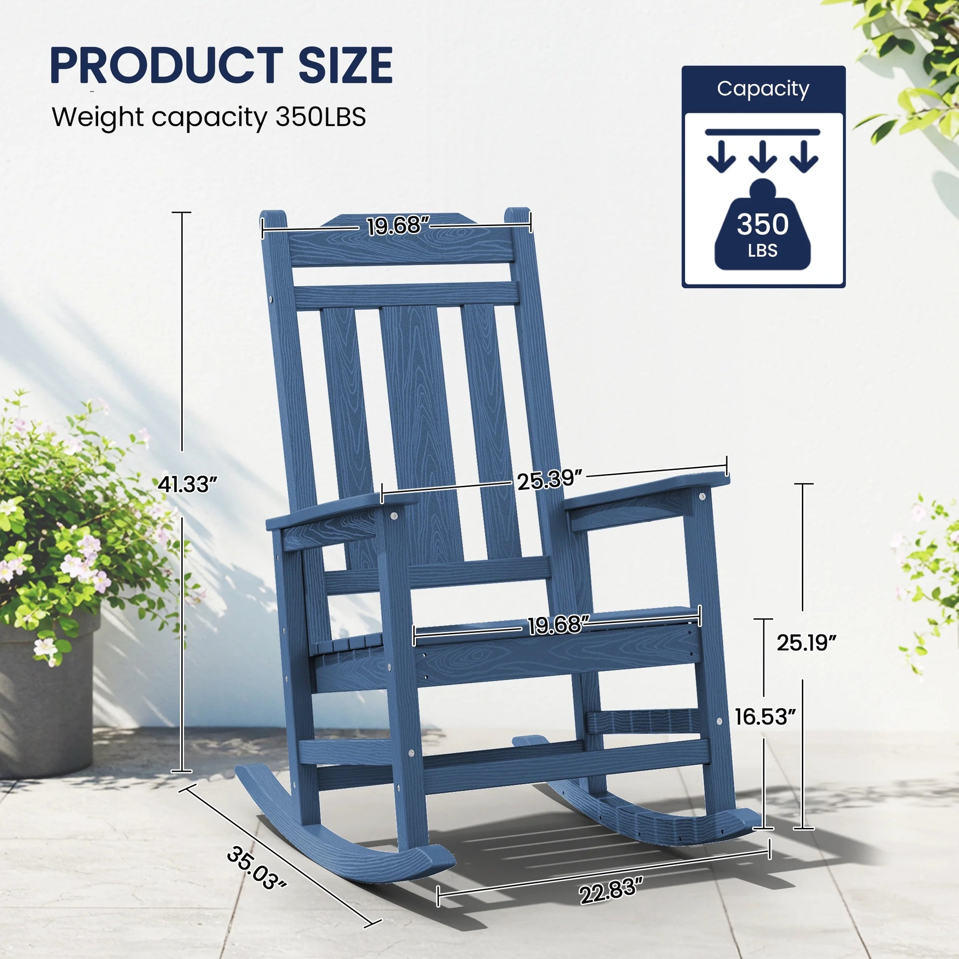 SERWALL Outdoor Rocking ChairHDPE Patio Rocking Chair, Heavy Duty Front Porch Rocker, Blue