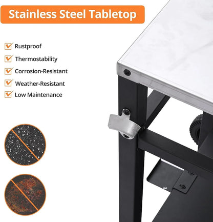 Outdoor Grill Cart Pizza Oven Stand, Stainless Steel Flattop Grill Cart, BBQ Prep Table with Wheels & Hooks, Side Handle, Tabletop Griddle Cooking Station for Bar, Patio, Camping, Home