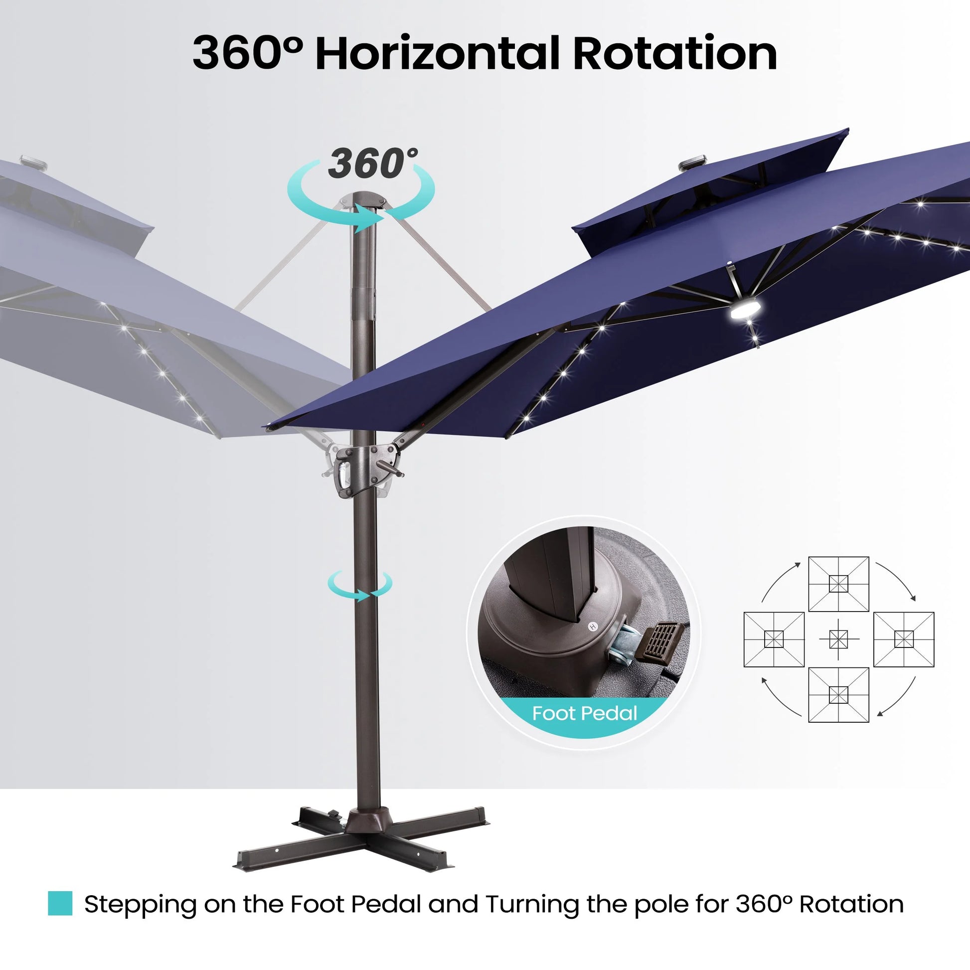 11FT Double Top Cantilever Umbrella Outdoor 360° Rotation 6 Heights Adjustable Offset Umbrella Metal Pole Cantilever Patio Umbrella With Light