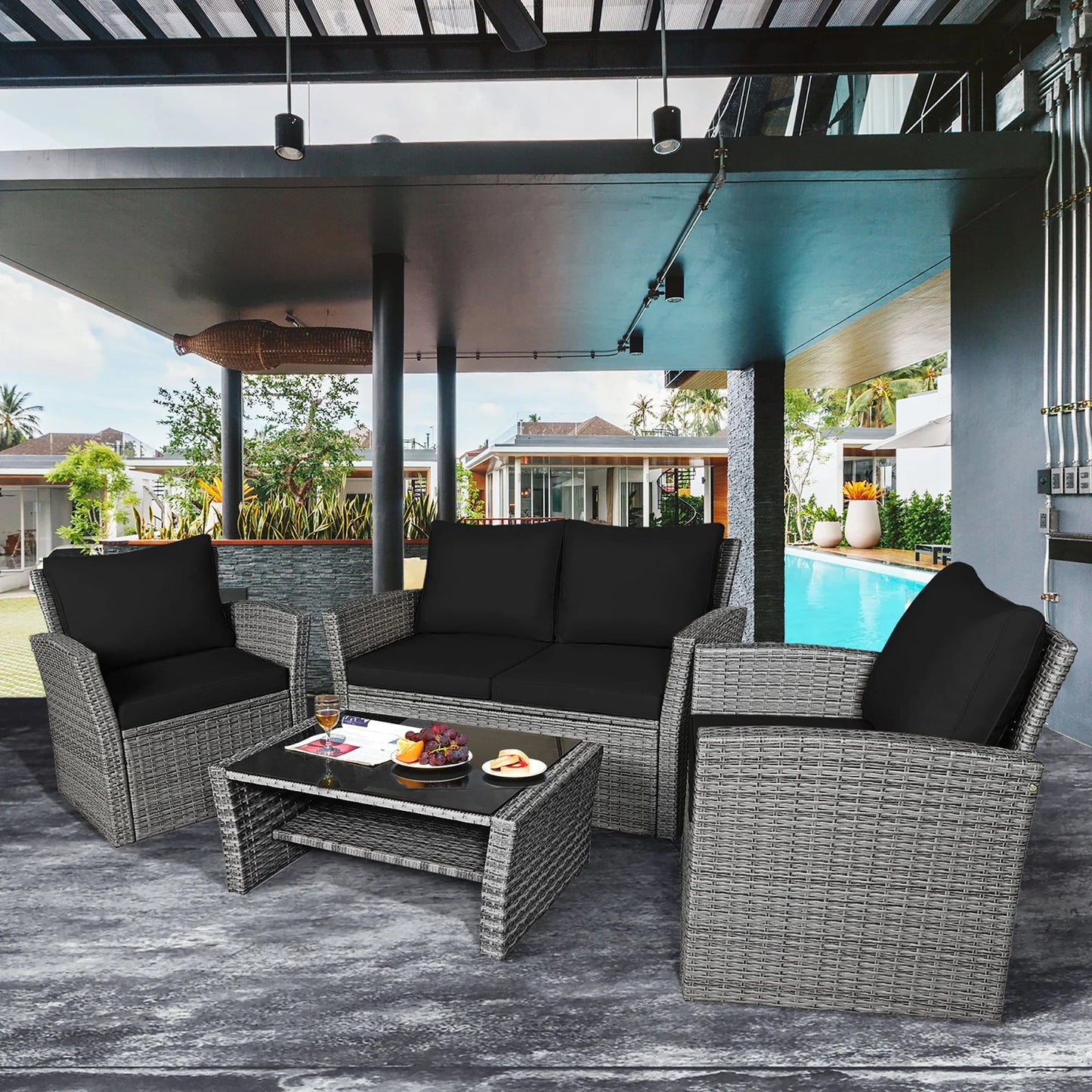 Costway 4PCS Patio Rattan Furniture Set Sofa Table Storage Shelf Black Cushion