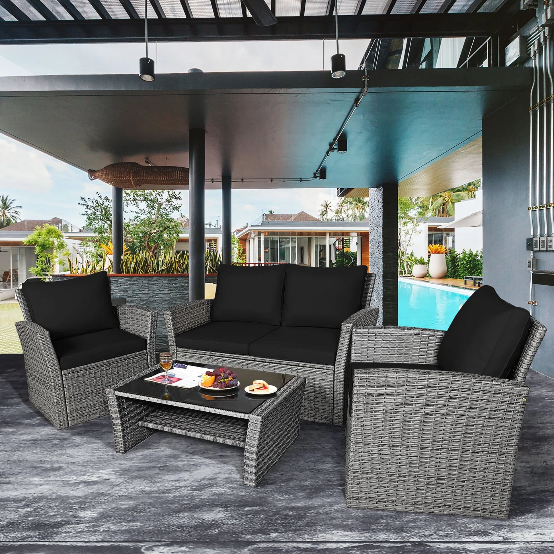 Costway 4PCS Patio Rattan Furniture Set Sofa Table Storage Shelf Black Cushion