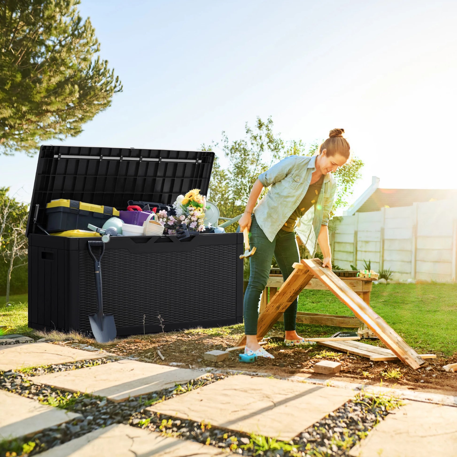 Homall 100 Gallon Outdoor Patio Box Deck Plastic Resin Storage Box Backyard, Black