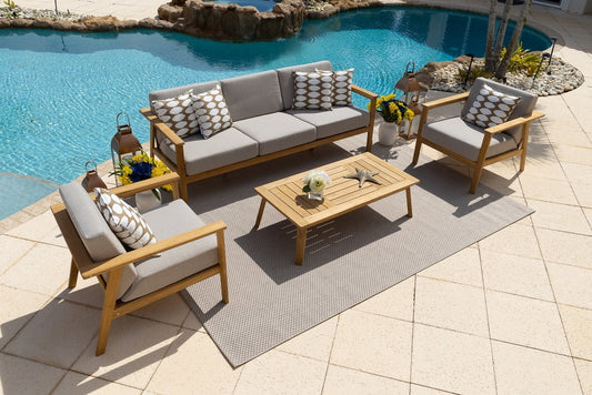 Laguna 4-Piece Eucalyptus Wood Outdoor Patio Conversation Sofa Set w/Three-Seat Sofa, Two Armchairs and Coffee Table