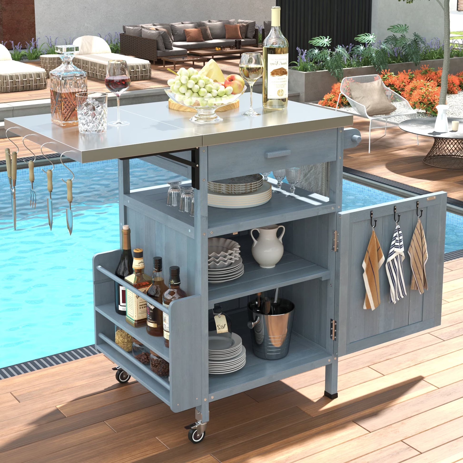 Bellemave Outdoor Serving Cart Kitchen Island Solid Wood Mobile Rolling Bar Cart with Lockable Wheels, Rack and Stainless Steel Top Beverage Storage Counter Table with Cabinet for Patio, Natural