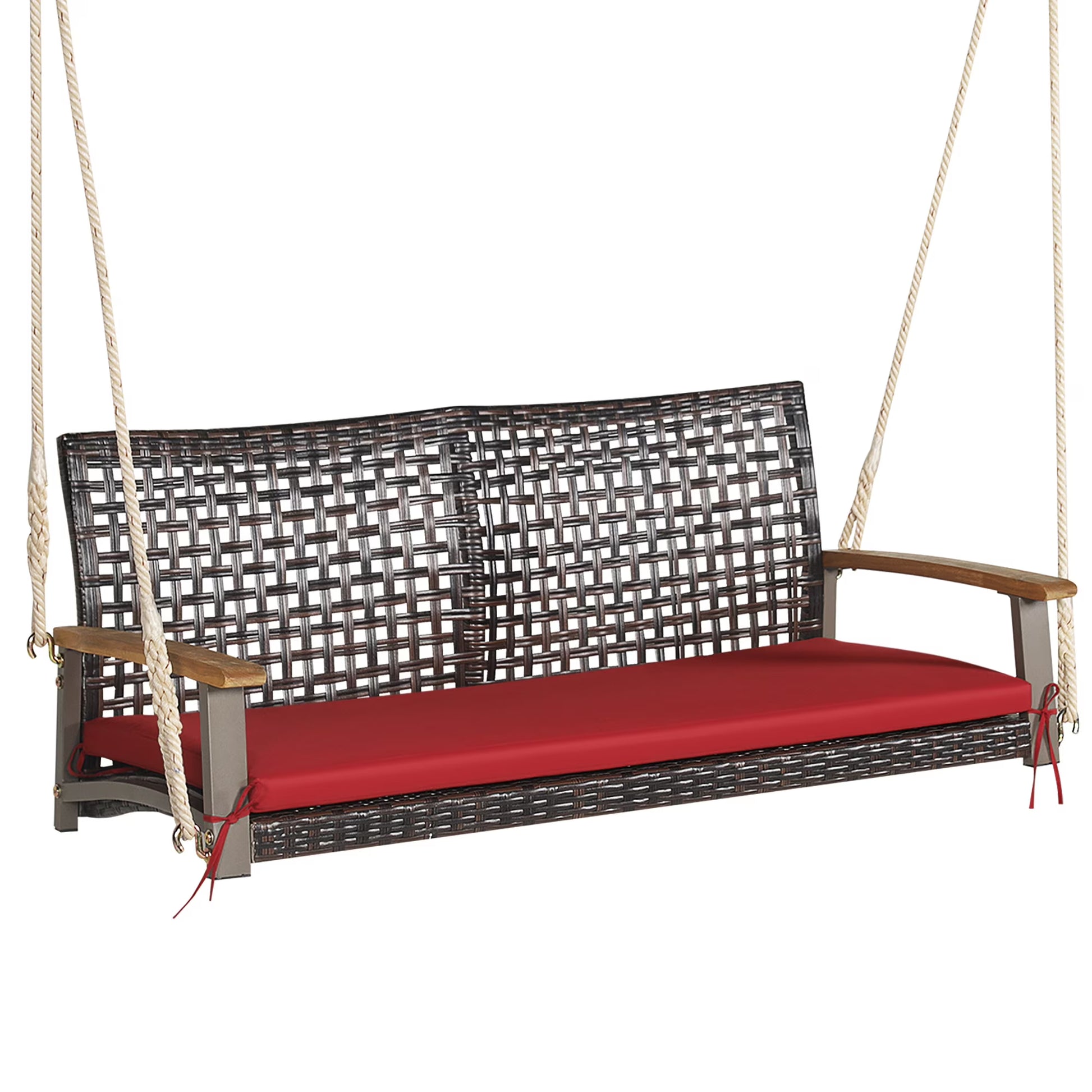 Costway 2-Person Patio Rattan Hanging Swing Chair Porch Loveseat Cushion Black