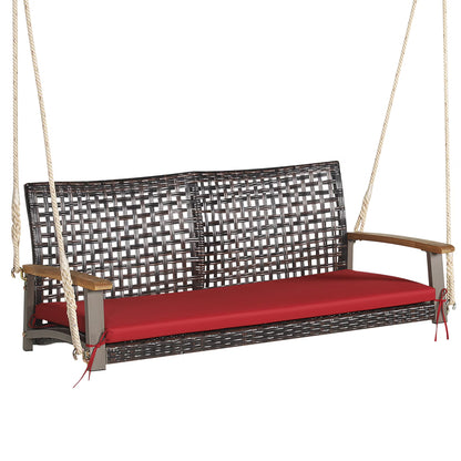 Costway 2-Person Patio Rattan Hanging Swing Chair Porch Loveseat Cushion Black