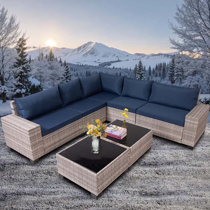 HISUKOY 7-Piece Modular Outdoor Sectional Wicker Patio Conversation Set,Outdoor Couch,All Weather Patio Conversation Sets with Washable Cushions and Glass Table, Rattan Wicker Couch for Garden