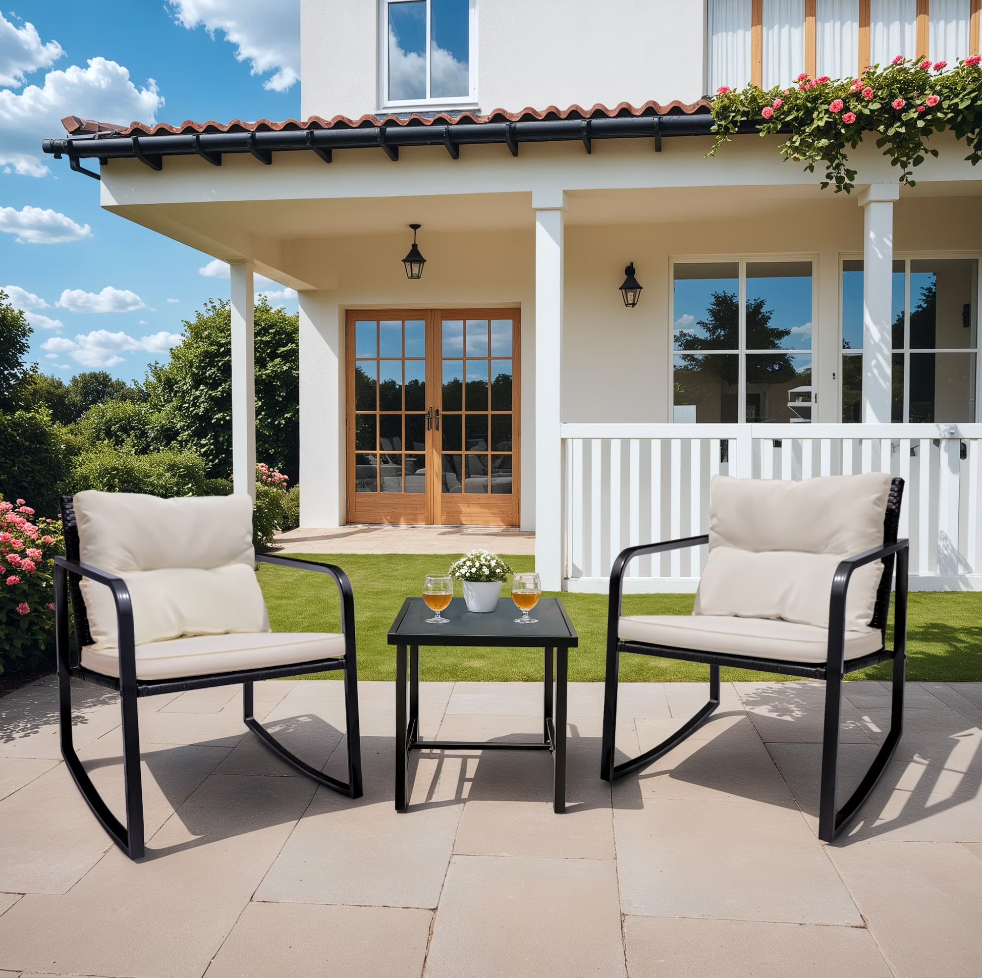 Devoko 3 Pieces Rocking Patio Furniture Sets Outdoor Rocking Chair PE Rattan Bistro Rocker Conversation Sets with Coffee Table for Garden, Beige