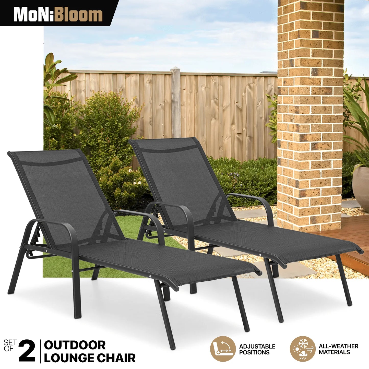 MoNiBloom 2Pcs Outdoor Patio Lounge Chairs with Adjustable Backrest, Pool Recliner Lounge Chaise with Armrest for Beach Backyard Garden, Black