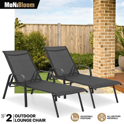 MoNiBloom 2Pcs Outdoor Patio Lounge Chairs with Adjustable Backrest, Pool Recliner Lounge Chaise with Armrest for Beach Backyard Garden, Black