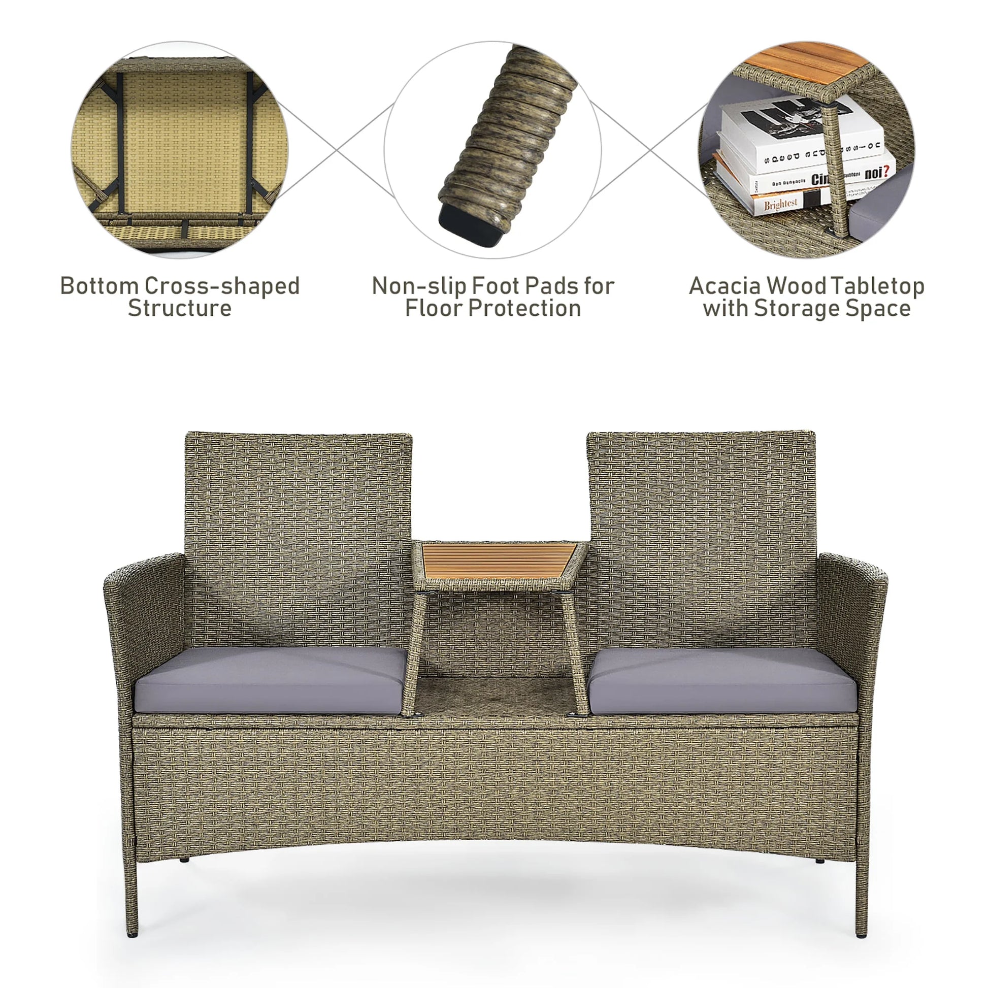 Costway 2-Person Patio Rattan Conversation Furniture Set Loveseat Coffee Table
